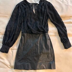 Topshop black polka dot mini dress with leather skirt Size 2